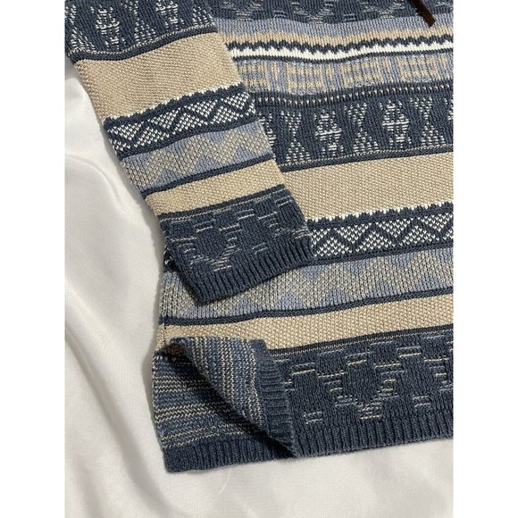 Chaps Ladies Large Sweater Blue  Tan Pullover Striped Neckline Crisscross Tie - Picture 2 of 10